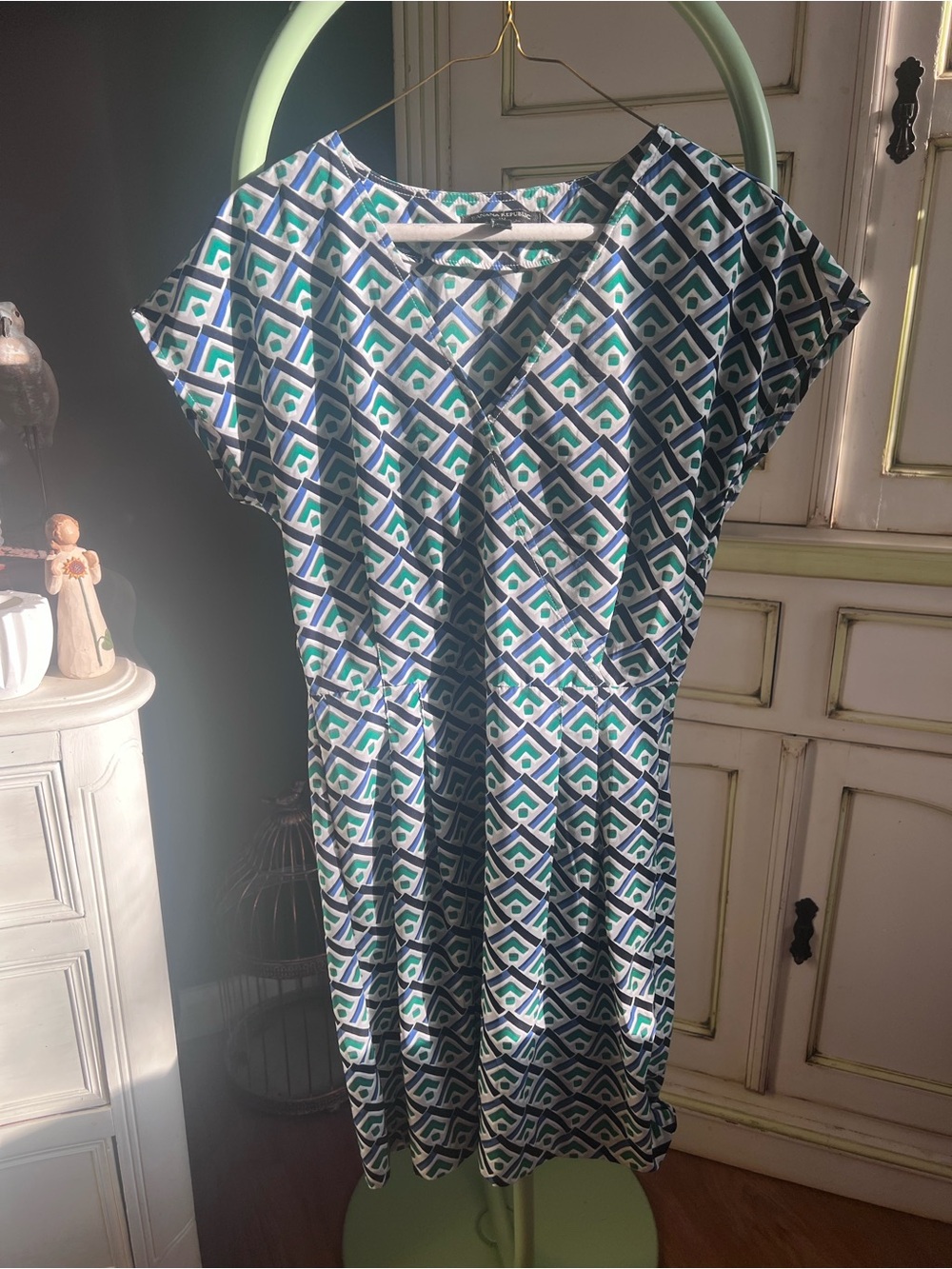 Banana Republic Geometric Print Shift Dress in Green & Navy